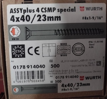 Wkręty ASSY WURTH 4 CSMP special4,0x40/23 500 szt.