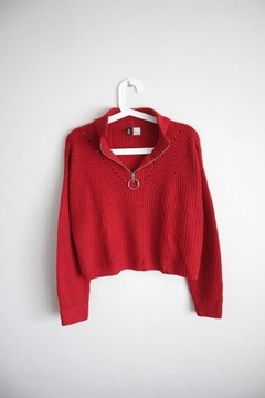 Krótki czerwony sweter oversize H&M z suwakiem S M