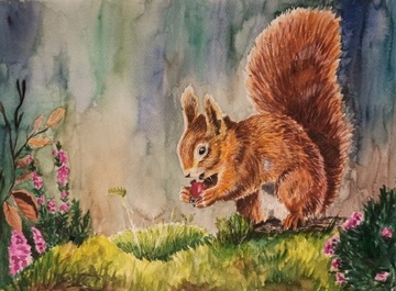 Obraz akwarelowy wiewiórka las zwierzęta 