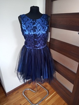 Tiulowa sukienka niebiesko czarna z brokatem nowa 