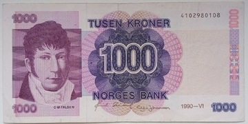 1000 koron banknot Norwegia 1990 rzadki!