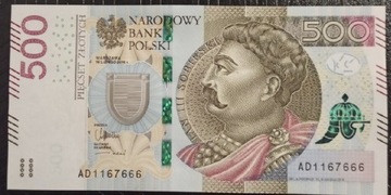 500 ZŁ SERIA AD 1167666 2016 r. BANKOWY STAN