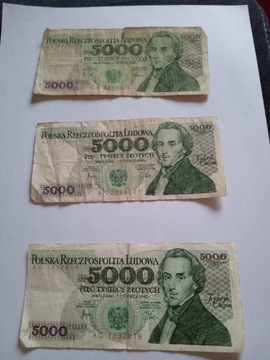 3 Banknoty PRL 5000 zł CR z 1988 AM AG z 1982