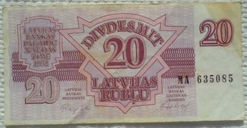 Łotwa Waluta przejściowa 20 rubli 1992 P# 39 VF