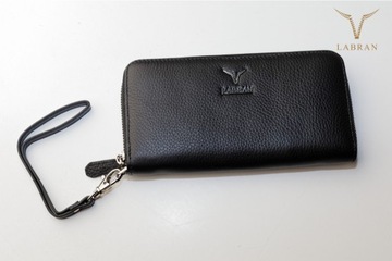 Damski skórzany portfel czarny z paskiem - Labran