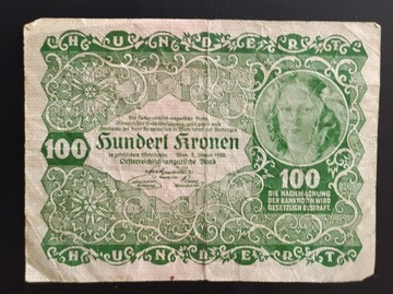 banknot 100 koron , państwo Austro-Węgry , 1922