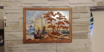 Obrazek morski z bursztynu w drewnianej ramce