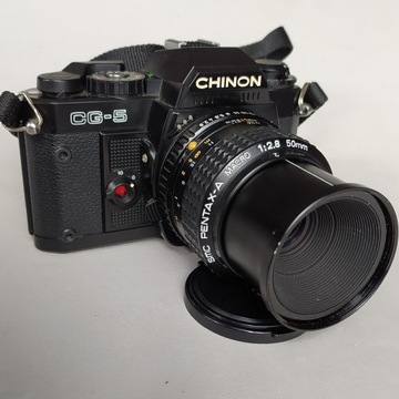 aparat fotograficzny Chinon CG-5 obiektyw smc Pentax-A macro 2,8 50 mm
