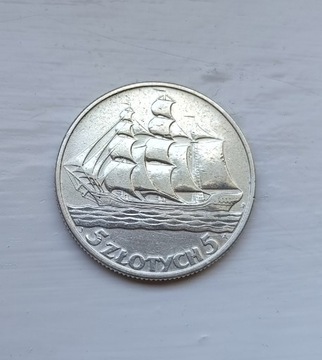 Żaglowiec 1936 5 złoty zł srebro statek 