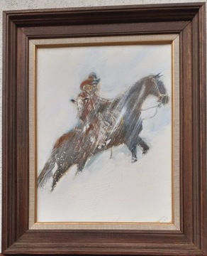 Obraz olejny, uratowany cielak jeździec w śnieżycy