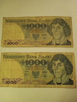 2 Banknoty PRL 1000 zł serii FH i GZ 1982 r.