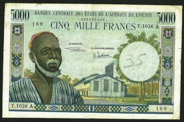 AFRYKA ZACH. Wybrzeże Kości Słoniowej 5000 FRANKÓW 1961 P#104Ae VF- Rzadki