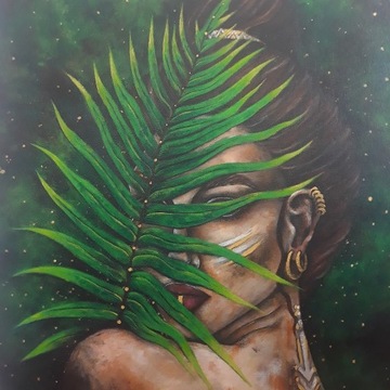 Obraz portret kobieta liść palma tropikal