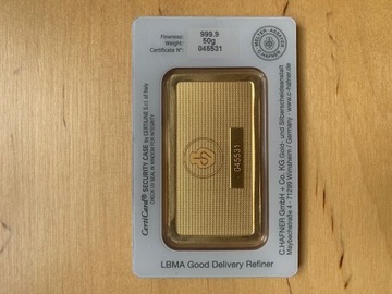 Sztabka złota LBMA 50g C. Hafner certyfikat