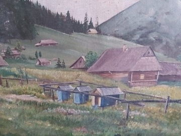 Chaty huculskie obraz XIX/XX w. Olej płótno