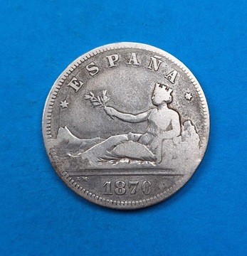 Hiszpania 2 pesety 1870, rząd tymczasowy, Ag 0,835