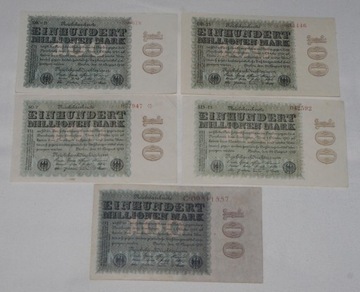 Zestaw rożnych banknotów 100 mln marek 1923 