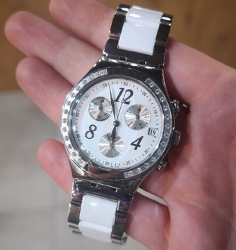 Zegarek swatch irony chrono srebrny biały stoper