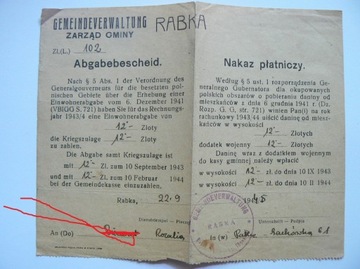 Nakaz płatniczy 1944 Rabka. Generalna Gubernia