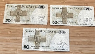 Komplet 3 banknotów 50zl 1988 seria HS