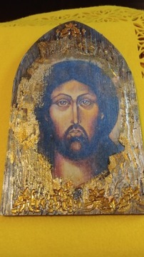 Ikona  decoupage na desce-twarz Jezusa 