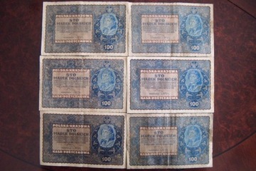 ZESTAW  Banknoty 100 Marek Polskich 1919 r. 6 szt