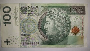 Banknot 100 zł kolekcjonerski nr BT8858555