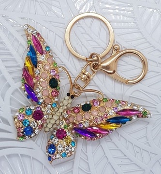 Piękny kolorowy motyl kryształki kryształy duży brelok do kluczy do torebki