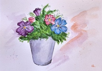 Akwarele WIOSNA kwiecień kwiaty wazon bratki