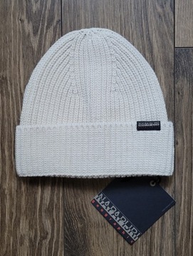 czapka beanie Napapijri Foli 3 zimowa logo kremowa