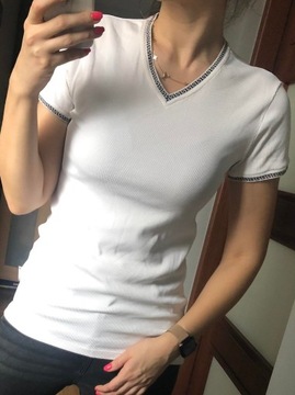 Vintage biała bluzka t-shirt prążkowana S-L