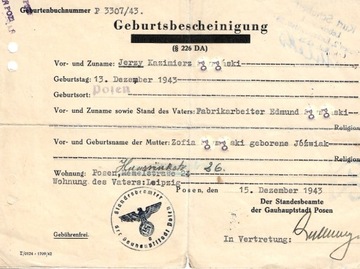 Metryka urodzenia - okupacja niemiecka 1943 rok
