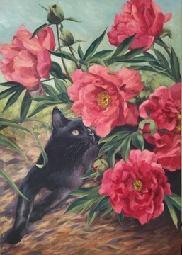 Obraz olejny kot kwiaty