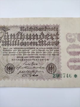 Banknot 500 millionen mark z 1923 roku