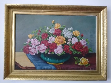obraz olejny kwiaty w wazonie stary obraz sygnowan