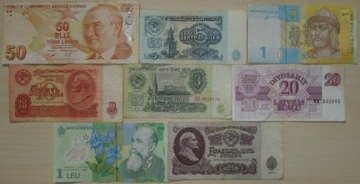 Zestaw 8 banknotów 5 państw Europa Azja