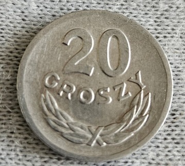 Moneta 20 groszy z roku 1973 bez znaku mennicy. 