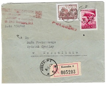 Koperta-1962r, polecony. 2 znaczki nr 1044 i 872