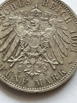Cesarstwo Niemieckie 5 marek, 1901 r srebro