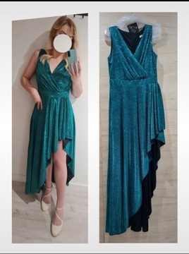 brokatowa suknia turkusowa asymetryczna druhny