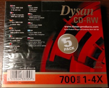 Płyty CD-RW Dysan nowe w folii w pudełkach slim komplet 5 sztuk