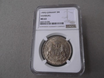 Niemcy 3 marki 1909J  Hamburg  NGC MS63