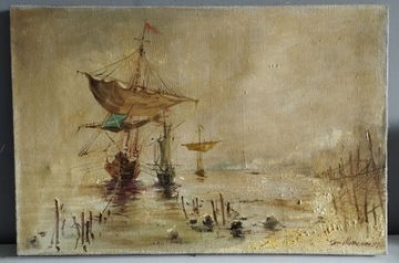 "Zacumowane łodzie" - olej na płótnie, 1995