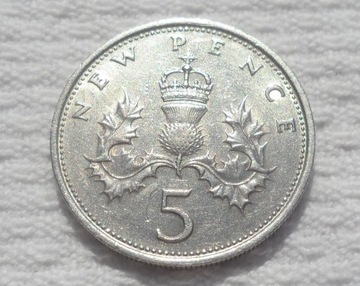 UK GB Anglia Elżbieta II 5 pensów NEW pence 1970