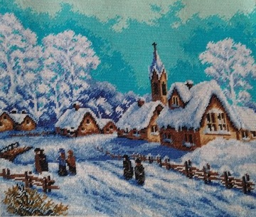 Haft gobelinowy- Na zimowym spacerze- obraz