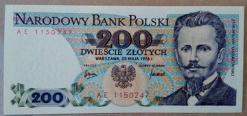 200 złotych 1976 rok,  seria AE - stan bankowy UNC