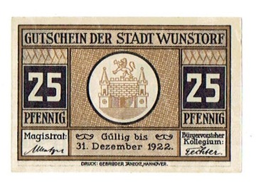 Notgeld, 25 FENIGÓW 1922 / WUNSTORF