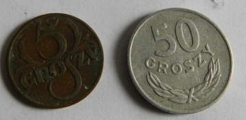 5 groszy z roku 1938 50 groszy z roku 1978