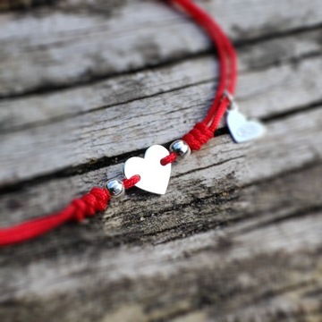 Bransoletka sznurkowa mini serce serduszko SREBRO 925 czerwony sznurek