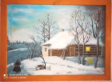 Obraz krajobraz zimowy domek